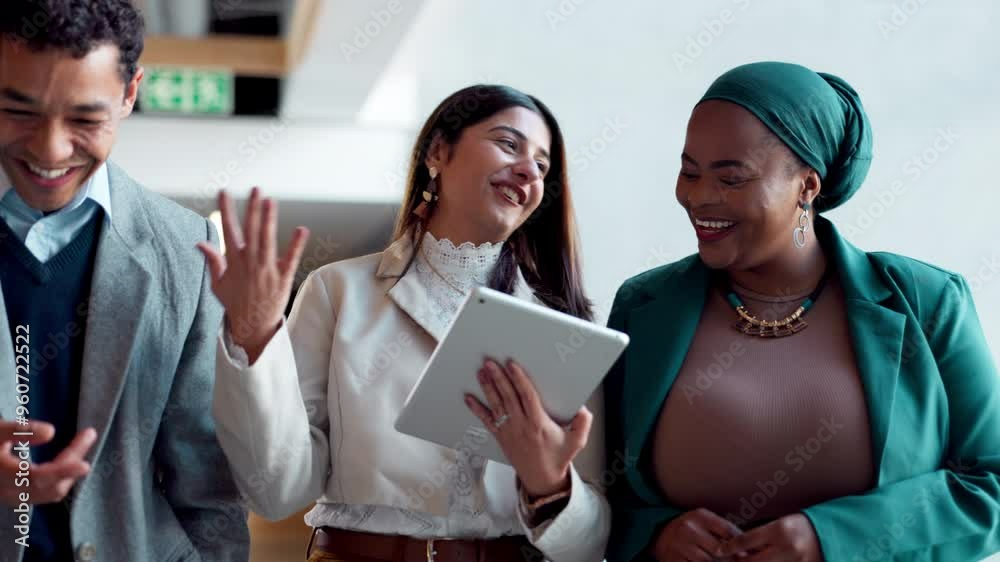 Poster Employees, laugh and tablet for walking in office, talking and plan for article at magazine agency. Staff, funny conversation and support for brainstorming on fashion project, writers and proposal