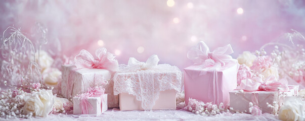A romantic background with gifts wrapped in delicate pink and white paper, adorned with lace and ribbons, set against a soft, gradient backdrop of pinks and purples.