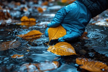 Person with hand in blue waterproof protective glove cleans river, close up. Removing yellow fallen autumn leaves. Eco activist performs water cleanup actions, copy space. Environmental conservation