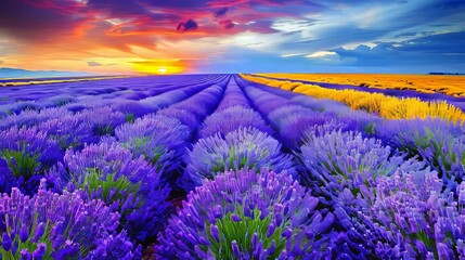 Breathtaking sunset over vibrant lavender fields  a stunning natural landscape showcase