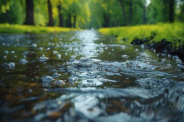 Fototapeta premium Clean water in forest river flows and sparkles, close up. Reflecting sunlight in water, against blurred lush forest greenery, trees and grass, with copy space. Concept of clean rivers and lakes