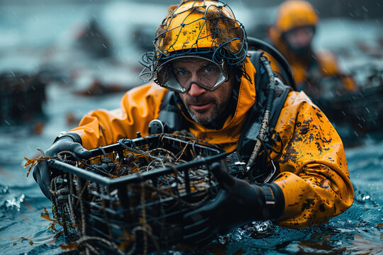 Man in special orange diving suit and mask performs water cleanup, extracting trash. Holds box with collected garbage while standing in water body. Concept of underwater pollution removal