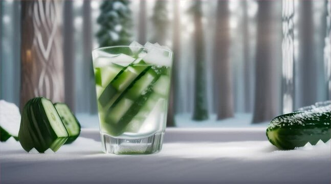 Cucumbers and ice cubes occupying a small part of the frame, with the majority of it taken up by a blurred, icy winter forest