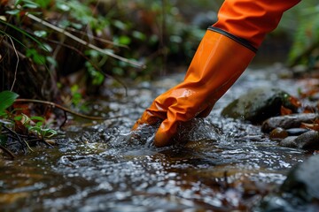 Person in orange hazmat suit with hand in waterproof glove cleans river, close up. Ecologist performs water cleanup actions. Copy space. Concept of environmental protection measures