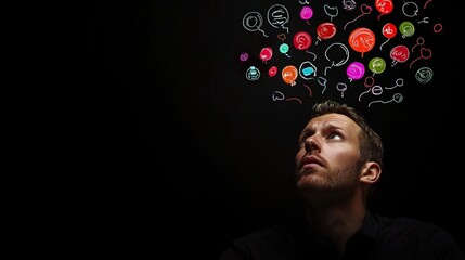 A thoughtful man gazing upwards with colorful thought bubbles representing ideas and creativity floating above his head.