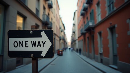 Fototapeta premium Urban Streets One Way Alley Sign in City Landscape