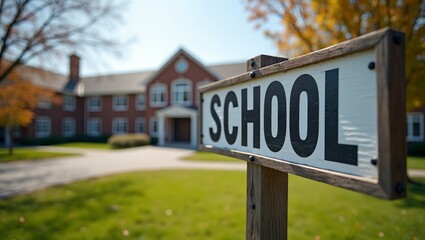 Obraz premium Education Ahead School Sign and Building View