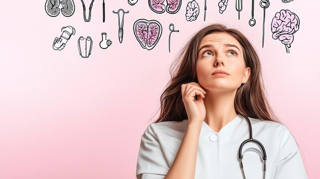 A thoughtful healthcare professional pondering medical symbols, showcasing the connection between mind and body health.