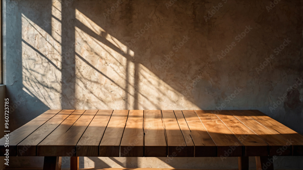 Canvas Prints empty dark wooden table with abstract light from leaf shadow on the wall