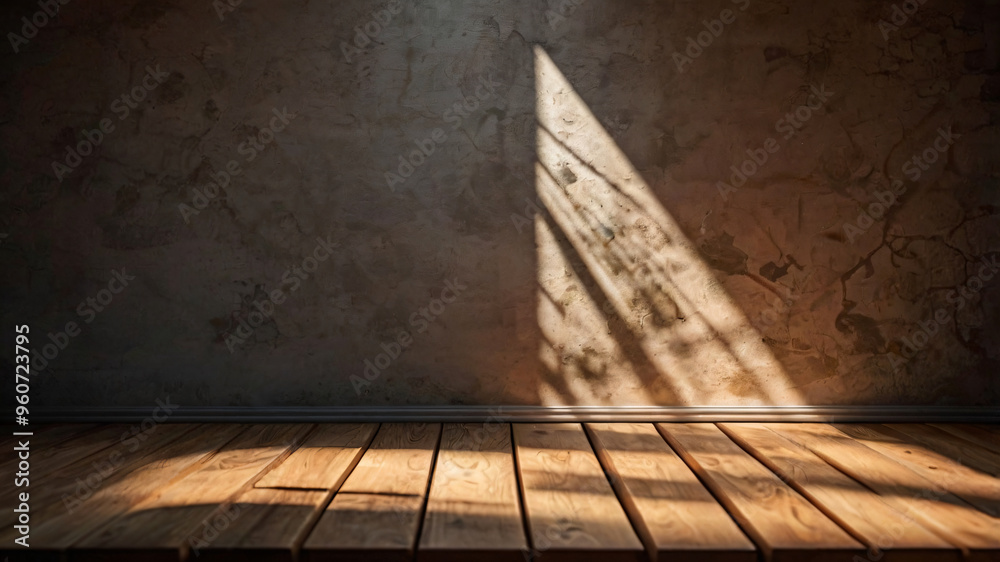 Canvas Prints empty dark wooden table with abstract light from leaf shadow on the wall