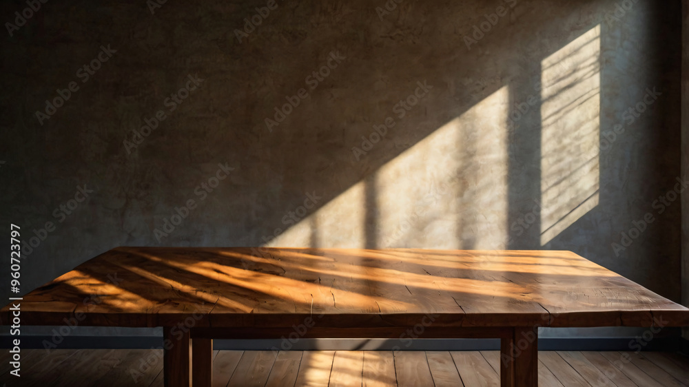 Canvas Prints empty dark wooden table with abstract light from leaf shadow on the wall