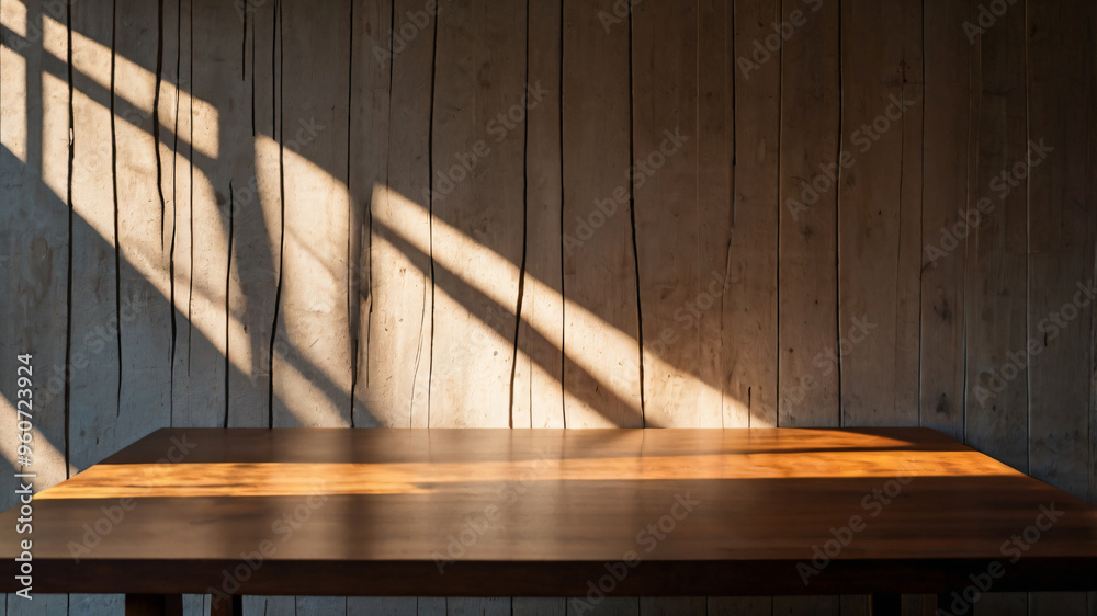 Canvas Prints empty dark wooden table with abstract light from leaf shadow on the wall