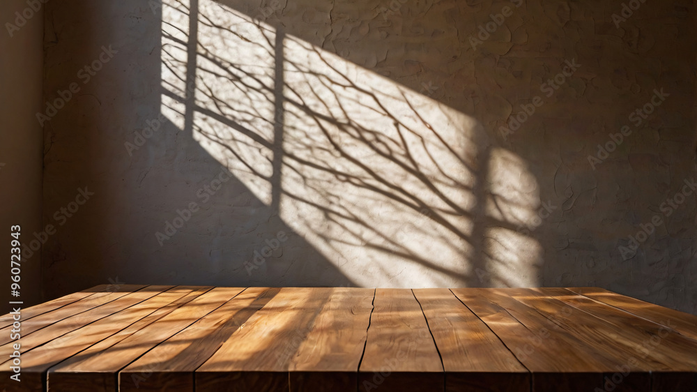 Canvas Prints empty dark wooden table with abstract light from leaf shadow on the wall