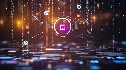 Futuristic digital landscape with glowing icons and streams of data representing technology and innovation in a virtual space.