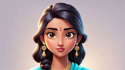 Dream indian cartoon character young adult woman girl person portrait in 3d style design