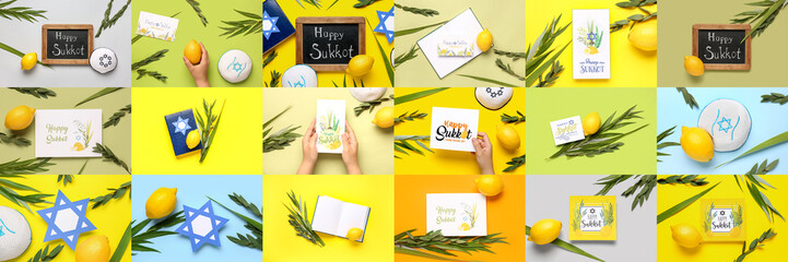 Set with Sukkot festive symbols on color background