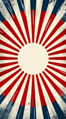 A red, white, and blue striped background with a white circle in the middle