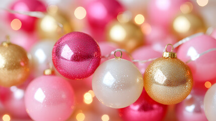 Obraz premium Colorful Christmas ornaments in shades of pink, gold, and white creating a festive atmosphere with fairy lights in the background
