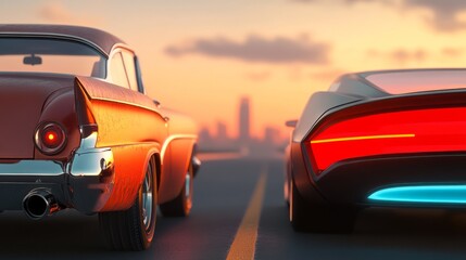 Obraz premium Vintage Car And Futuristic Vehicle Encountering Each Other On Deserted Highway At Twilight