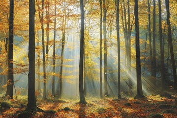 Obraz premium A beautiful autumn landscape - golden leaves and sun rays