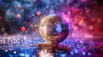 Obraz premium A disco ball is sitting on a table with a lot of sparkles around it