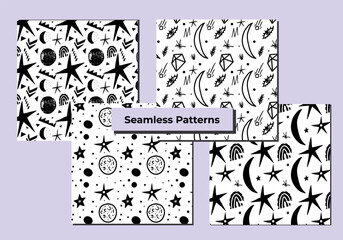 Black and white doodle galaxy seamless patterns