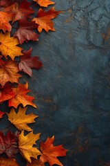 An autumn composition with maple leaves in a flat lay, top view.