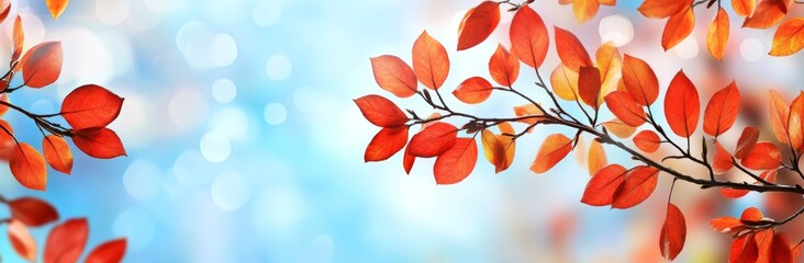 Red, yellow, and green leaves flank bokeh highlights in this autumn background.
