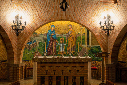 interior decor, pictures and models within a large spanish building, Santuario de Torreciudad, a spectacular Marian shrine in honor of the Blessed Virgin Mary