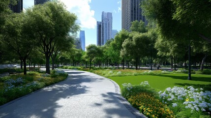 City park surrounded by towering buildings, trees, flowers, walking paths. Nature and urban elements. AI generated