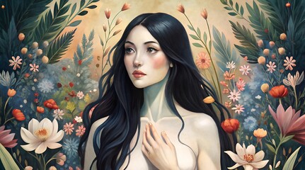 Beautiful naked girl with long black hair covering her chest with her hands, on the background of beautiful flowers in the garden. World maternal mental health day. Breast Cancer Awareness Month