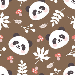 Cute panda bear with leaf and forest mushrooms on a brown background