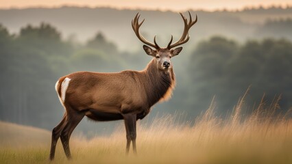 A red deer with large antlers stands in a misty meadow facing the camera with its body at an angle set against a hazy backdrop.