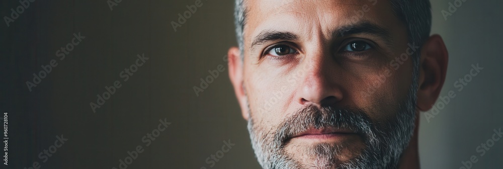 Poster A man wearing a beard displays deep thought and seriousness in a dimly lit room, lost in contemplation. Generative AI