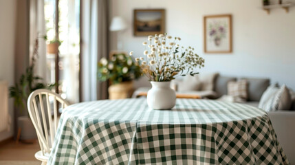 Cozy living room features table with green and white checkered tablecloth, white vase of dried flowers, and bright natural light. soft furnishings and wall art add to warmth.