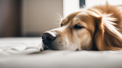 Golden retriever-style dog lying on bed eyes closed in softly focused interior.