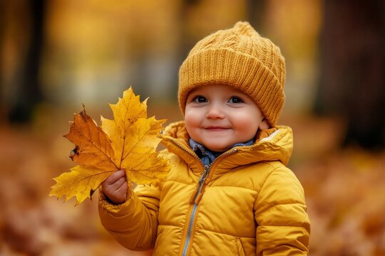Laughing girl playing outdoors with old maple leaves and foliage, wearing warm yellow jacket, jeans, and rubber boots. Concept for fall family photography.