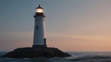 Obraz premium A serene scene of a lighthouse bathed in the warm glow of the setting sun, with the ocean stretching out to the horizon