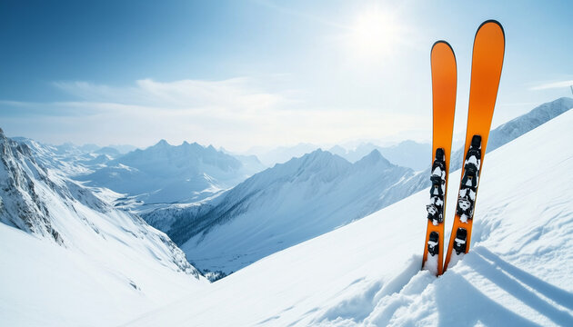 mountain skis on the slope with a text space, winter sport skiing , winter ski resort advertisement with copy space 