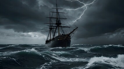 Obraz premium monochrome art a dramatic depiction of a ship caught in a storm, with dark clouds, crashing waves, and a lightning strike illuminating the scene