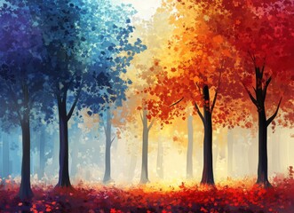 The coloring of an autumn forest in yellows and reds. Autumn leaves on trees, fields, meadows, landscape. Nature painting with oil paint. Modern art for wallpaper backgrounds.