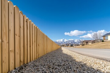 Long wooden fence surrounding backyard of urban home with clear blue sky