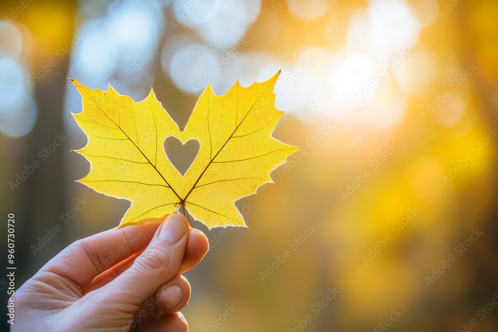 Wall mural in the background, golden leaves lie chaotically on the ground with a yellow leaf in a female hand, 