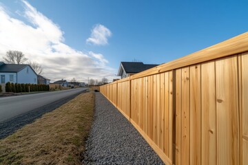 Long wooden fence surrounding backyard of urban home with clear blue sky