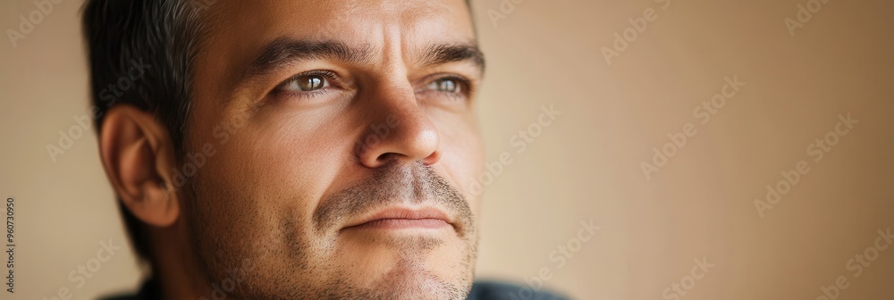 Poster the man shows a contemplative expression as he reflects deeply, lost in thought in a warm, inviting 