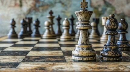 Vintage Chess Pieces on a Worn Chessboard