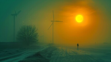 Obraz premium Lone individual strolling through a misty field toward wind turbines in the distance