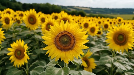 Obraz premium Sunflowers sunny field, golden petals basking in warm light. AI generated