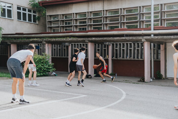 Friends enjoy a lively basketball game at a local neighborhood court. Capturing friendship, athleticism, and community in an urban setting.