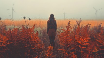 Fototapeta premium Lone individual strolling through misty landscape surrounded by wind energy turbines